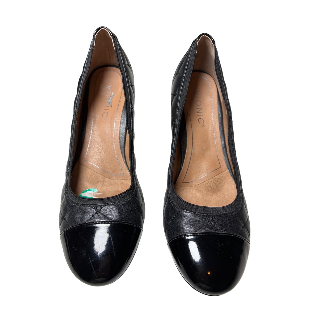 Vionic Ruby Quilted Leather Cap Toe Block Heel Pumps Black 7.5